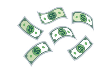 Cartoon dollar bills flying and falling against a black background