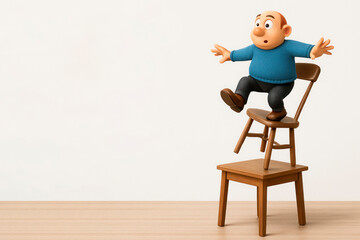 Cartoon man falling from a chair standing on another chair. Space for text.