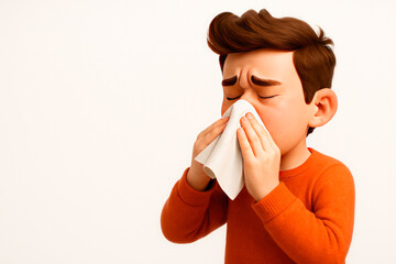 Cartoon boy in orange sweater blowing his nose into a headscarf on a light background. Space for text.
