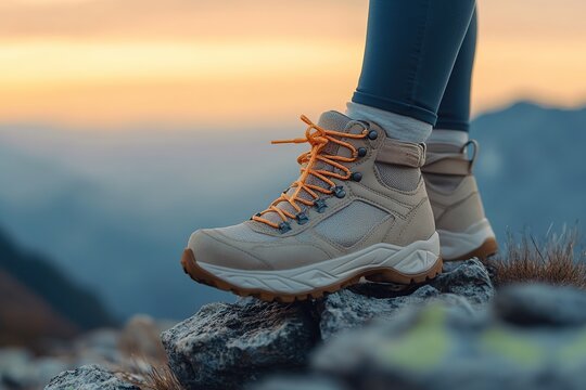 Footwear designed for trail hiking on a female adventurer at sunset in a mountainous area