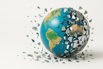 A globe that is shattering into fragments. Space for text.