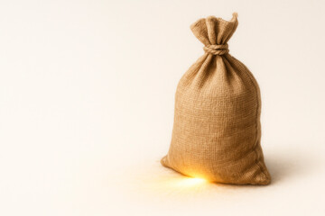 A bag with a golden glow at the bottom on a light background. Space for text.