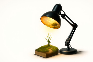 A table lamp illuminates a book from which grass and wood grow. Space for text.