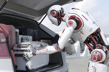 A white and red robot carefully loads suitcases into a car trunk