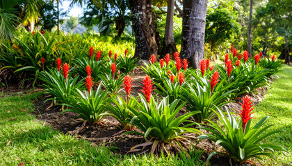Tropical Red Bromeliad Garden.