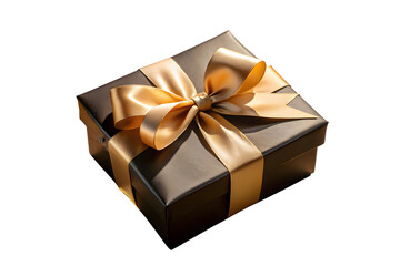 A square black gift box is tied with a luxurious golden ribbon and a beautiful bow presented on a clean transparent background