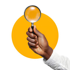 Hand holding magnifying glass over orange circle isolated on transparent background