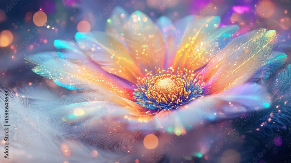 Poster an iridescent flower, seemingly composed of feathers, glows vibrantly against a bokeh backdrop of so