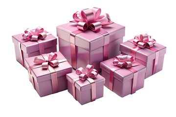 A group of six shiny pink gift boxes with satin ribbons and bows arranged in a cluster on a transparent background
