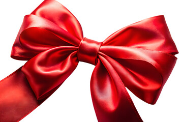 A closeup studio shot of a vibrant red satin bow with a shiny texture isolated on a clean transparent background