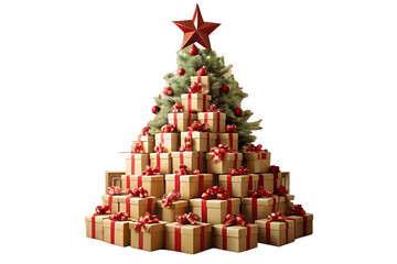 A festive christmas tree decorated with ornaments and gifts stacked in a pyramid shape with a red star on top isolated on white
