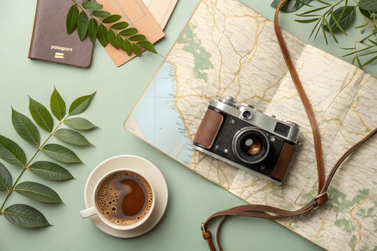 Vintage camera, passport, map, coffee, and greenery: flat lay travel planning aesthetic.