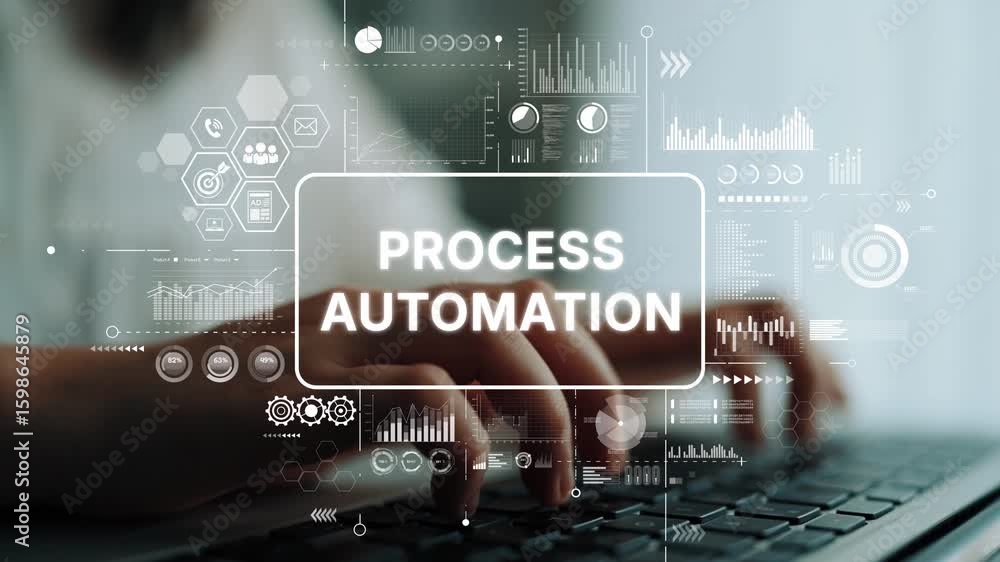 Poster modern hands typing on laptop with process automation concept and digital graphs in background. asym