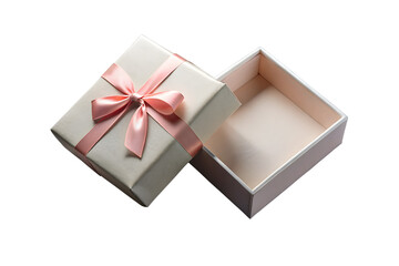An open white gift box with a pink satin ribbon and bow revealing a clean creamcolored interior isolated on a transparent