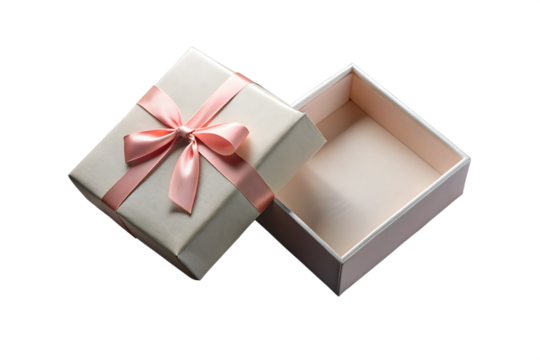 An open white gift box with a pink satin ribbon and bow revealing a clean creamcolored interior isolated on a transparent