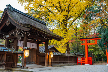 Kyoto, Japan - December 5 2024 : The beautiful Kawai Shrine with its entrance gate and a vibrant...