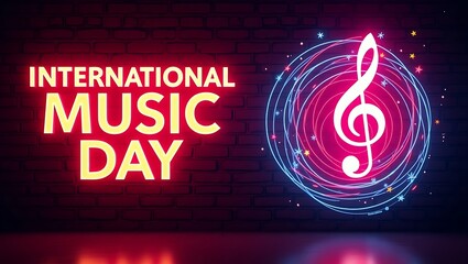 Celebrate international music day with a vibrant neon treble clef and musical notes