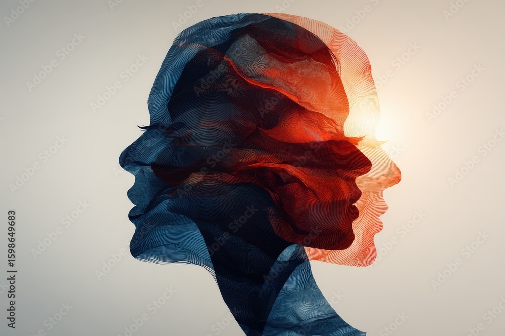 Poster two ethereal human profiles intertwined in a captivating blend of red and blue hues showcasing the d