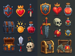 Colorful Fantasy Game Assets Collection with Shields, Swords, and Icons