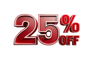 A bold 3d rendered graphic displaying 25 off in glossy red metallic numbers and letters against a transparent background