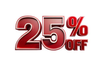 A bold 3d rendered graphic displaying 25 off in glossy red metallic numbers and letters against a transparent background