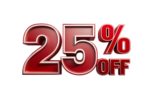 A bold 3d rendered graphic displaying 25 off in glossy red metallic numbers and letters against a transparent background