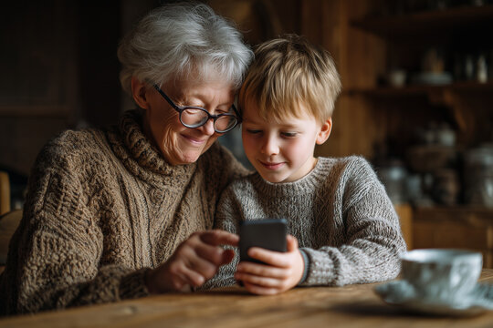 Wnuczek cierpliwie pokazuje babci, jak korzystać ze smartfona. Ciepła, międzypokoleniowa chwila nauki i wsp&oacute;lnego odkrywania nowych technologii.