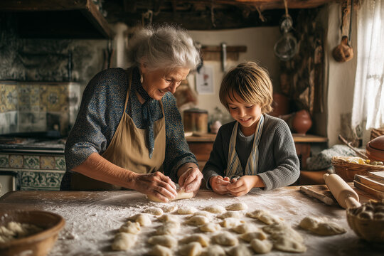 Babcia i wnuczek wsp&oacute;lnie lepią pierogi w domowej kuchni. Rodzinna atmosfera, tradycja i międzypokoleniowe więzi podczas przygotowywania domowego posiłku.