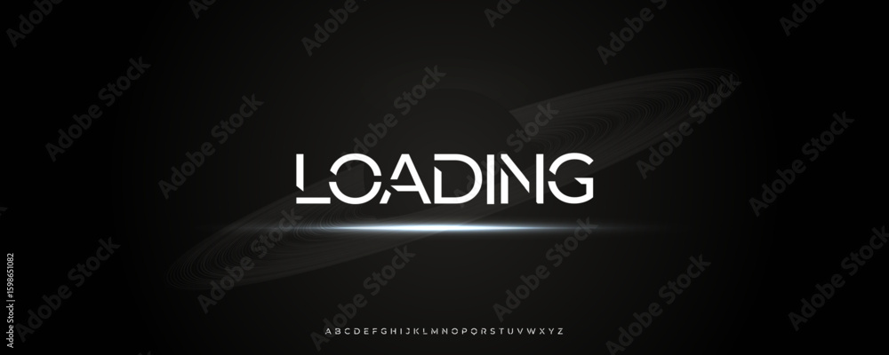 Poster futuristic loading typography with saturn rings and abstract cut letters, ideal for space tech brand