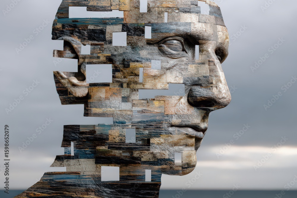 Poster fragmented human portrait reflecting emotional complexity and existential themes illuminated by ambi