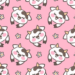 A seamless pattern featuring cute kawaii cows surrounded by flowers. The playful design showcases the cows with adorable expressions, creating a cheerful and whimsical atmosphere