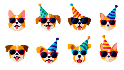 Cartoon dogs wearing sunglasses and party hats arranged in a grid pattern on a white background
