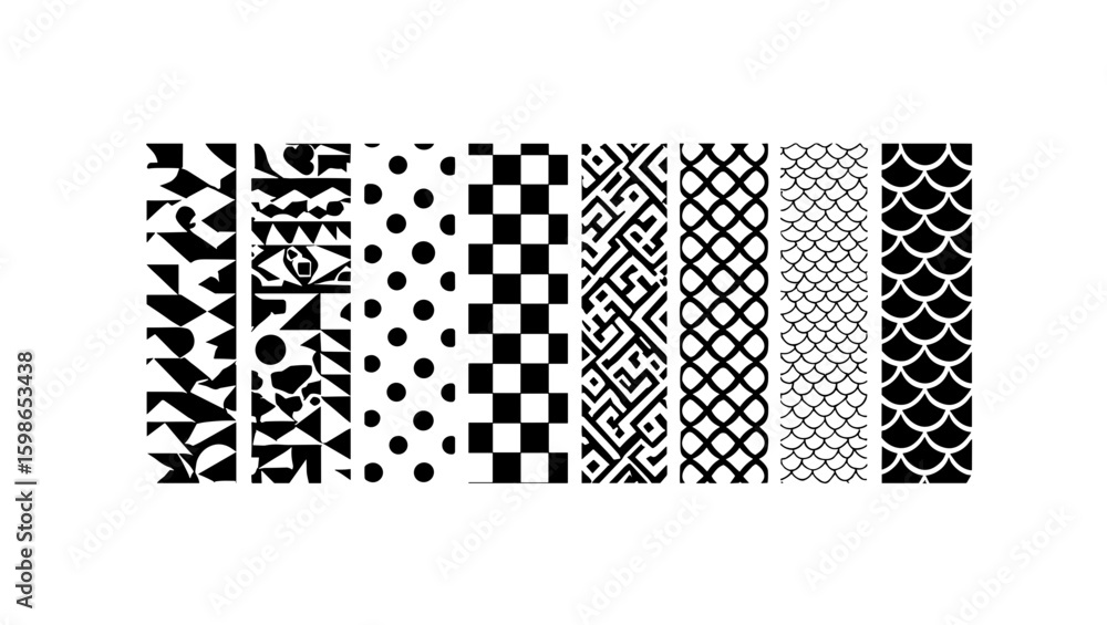 Poster collection of eight vertical black and white patterned stripes in a row with varying designs and tex