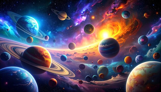 Vibrant cosmos; many planets, nebulae, rings