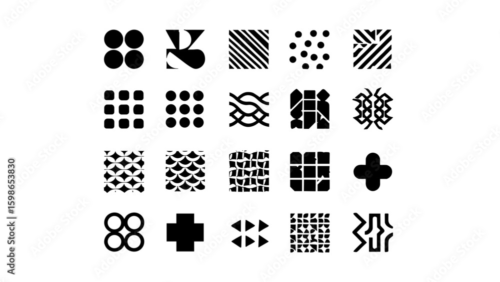 Poster collection of twenty distinct black and white abstract patterns arranged in a rectangular grid forma