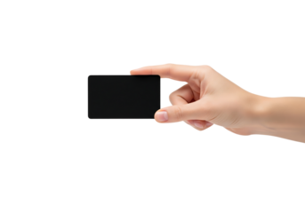 Hand holding a blank black business card for mockup. Isolated on transparent background, png