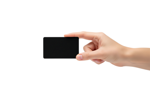 Hand holding a blank black business card for mockup. Isolated on transparent background, png