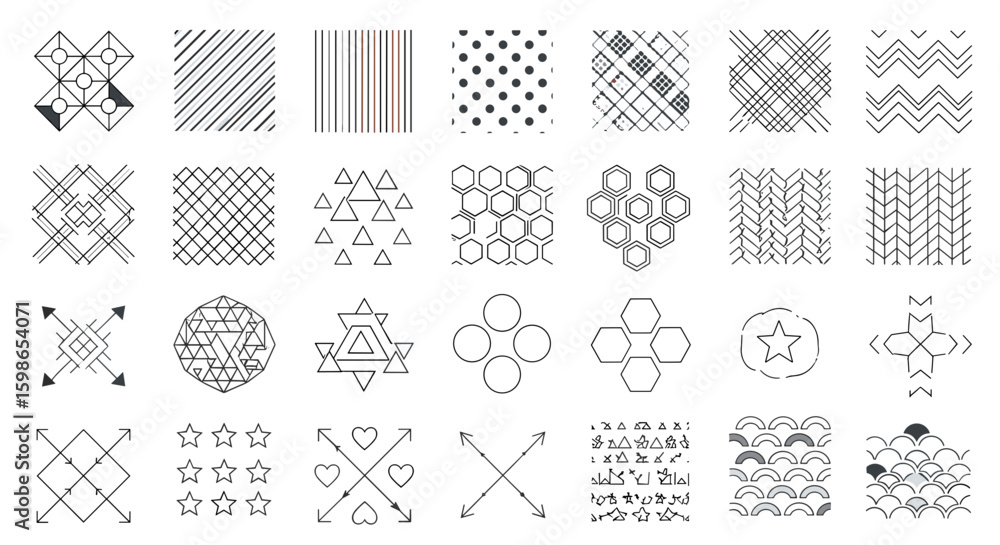Poster collection of various geometric patterns and shapes including lines triangles circles and other abst