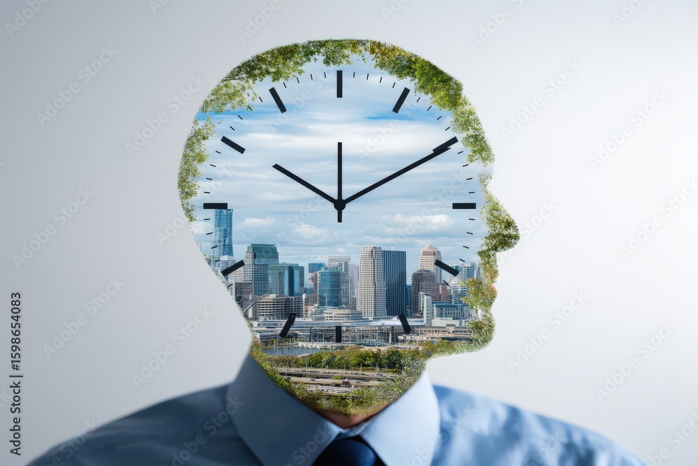 Poster a conceptual representation of time and identity where a man's silhouette merges with urban landscap