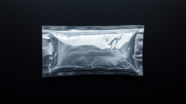 Clear plastic packaging with contents visible on a solid black background in a minimalistic setting