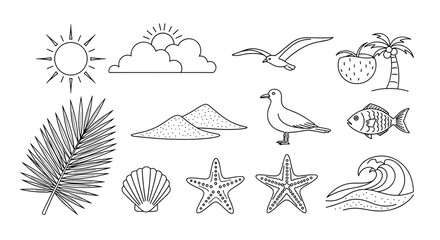 Outline drawing of beach elements including sun clouds birds palm tree and sea life illustration