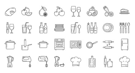 Outline drawing featuring a variety of kitchen utensils appliances food and drink items in a grid format