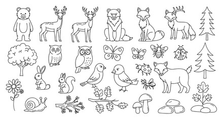 Illustration of woodland animals and nature elements in black and white outline style for coloring book page