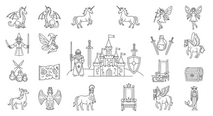 Collection of fantasy creatures and objects including dragons unicorns and a medieval castle drawing line art