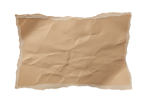 Crumpled torn brown paper scrap, vintage texture for design. Isolated on transparent background, png