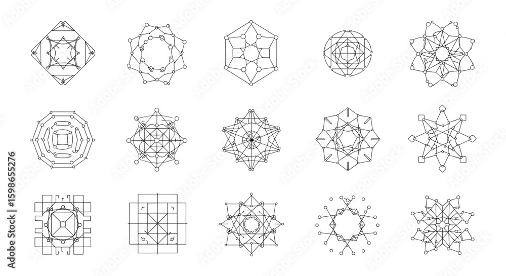 Poster collection of fifteen geometric shapes with intricate line work and symmetrical designs arranged in 