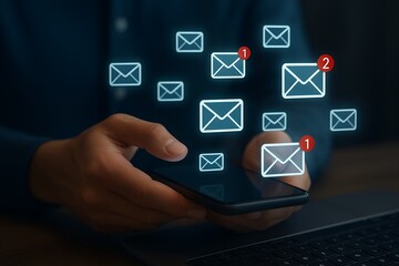 Person using phone with email notifications many messages inbox digital communication