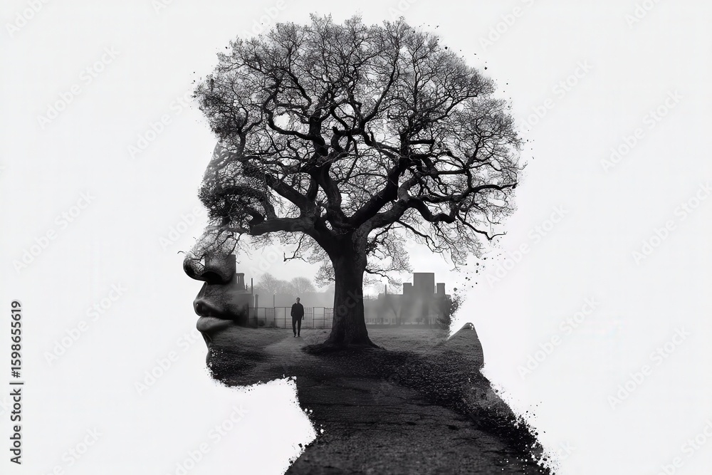 Poster intricate silhouette of human profile merging with an ancient tree representing deep connections to 