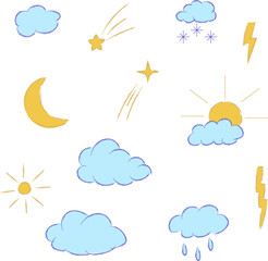 Hand drawn pencil strokes, stars, clouds, sun. Vector illustration.