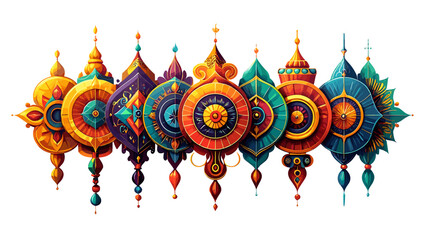 A collection of ornate decorative ornaments with a vibrant and colorful artistic presentation style